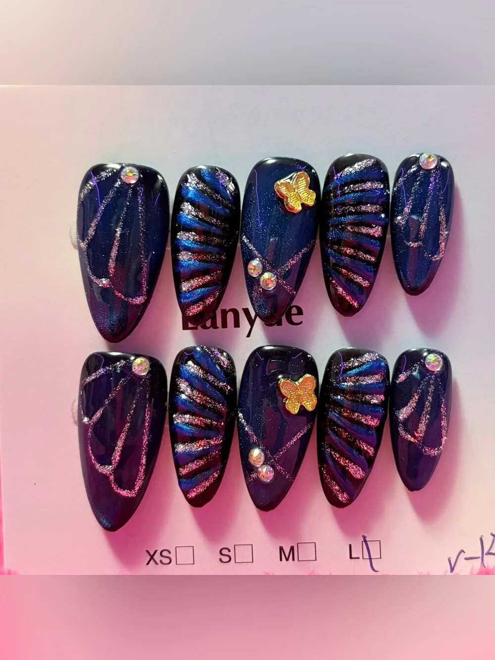 Navy Blue Holographic Butterfly Press-On Nail Set - Women Makeup